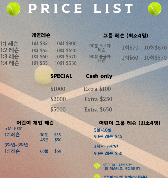 Tennis Coaching Price List