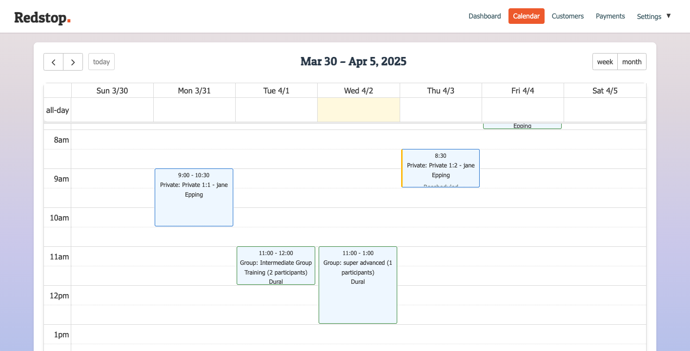 RedStop dashboard showing calendar and bookings