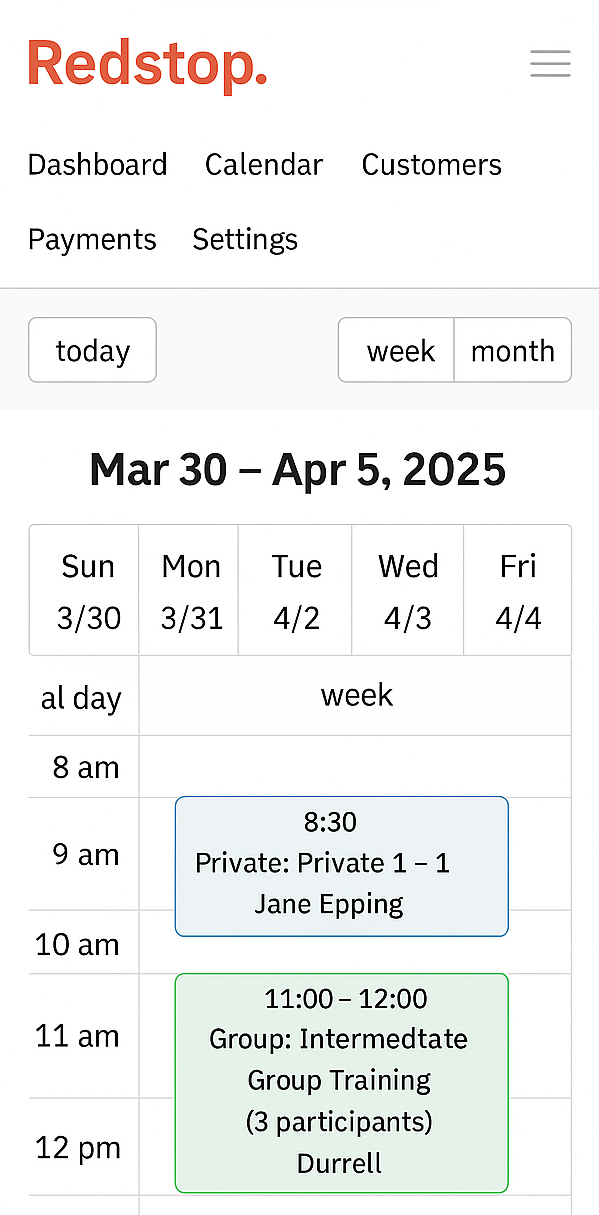 RedStop dashboard showing calendar and bookings
